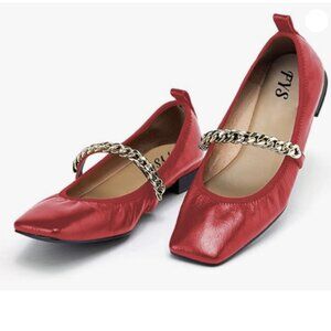 FYS Women Square Toe Flat Low Heel Mary Jane Chain Strap Ballet Shoes Red Shoes